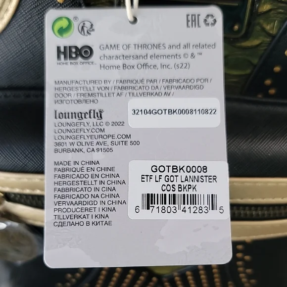 Loungefly Game of Thrones Black and Gold Backpack - Picture 2 of 9